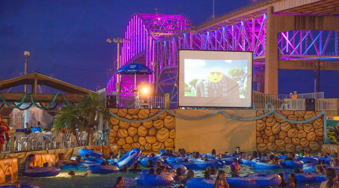 The Harbor Bridge provides a colorful backdrop to the dive-in movies at Hurricane Alley Waterpark in Corpus Christi. Courtesy photo