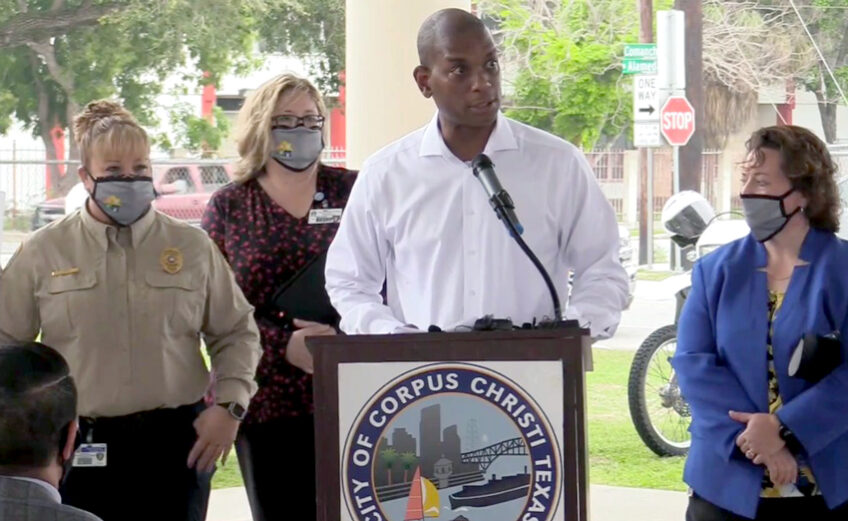 Corpus Christi Assistant City Manager Neiman Young (center) introduces city staffers leading the new Neighborhood Services Department: Liza Lopez (left), Jennifer Buxton, and Tracey Cantu. Screen-captured photo