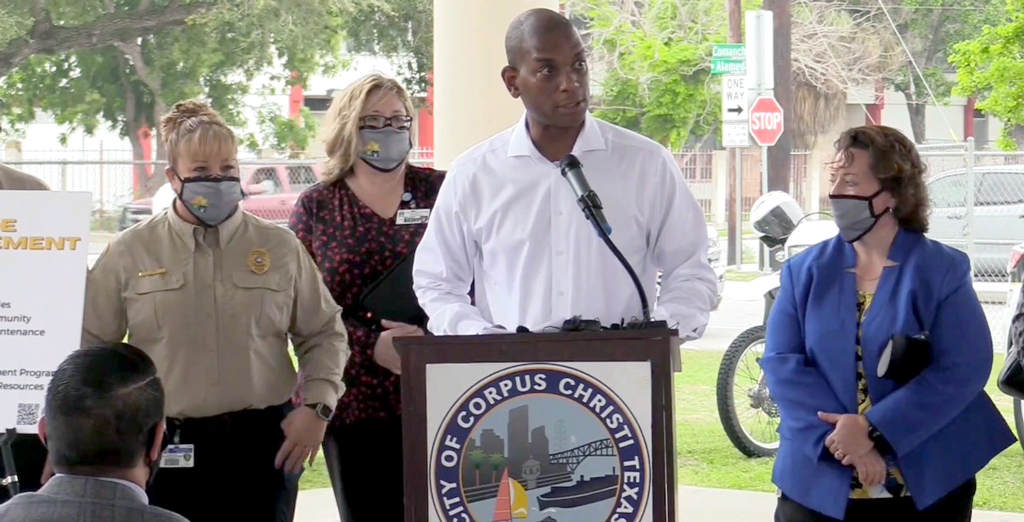 Corpus Christi Assistant City Manager Neiman Young (center) introduces city staffers leading the new Neighborhood Services Department: Liza Lopez (left), Jennifer Buxton, and Tracey Cantu. Screen-captured photo