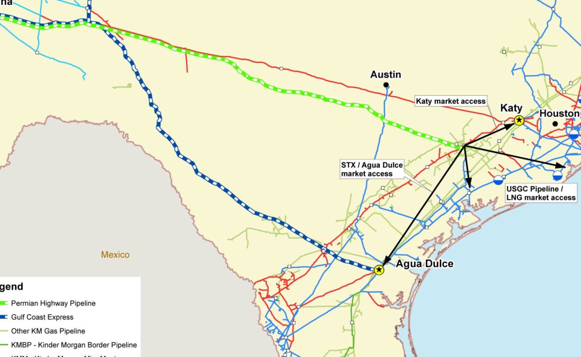 The blue-and-white-checked line from Waha to Agua Dulce represents the Gulf Coast Express Pipeline Project, which went online September 25 and moves about 2 billion cubic-feet of natural gas for export from Corpus Christi. Courtesy image