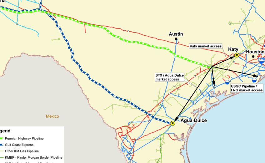 The blue-and-white-checked line from Waha to Agua Dulce represents the Gulf Coast Express Pipeline Project, which went online September 25 and moves about 2 billion cubic-feet of natural gas for export from Corpus Christi. Courtesy image