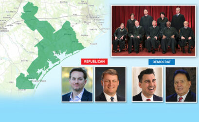 Candidates now running to represent District 27 are Republicans Michael Cloud (left) and Bech Brunn, and Democrats Eric Holguin (left) and Raul “Roy” Barrera. Meanwhile, the U.S. Supreme Court (top picture) will be looking whether district lines violate Section 2 of the Votings Rights Act during a hearing April 24. Illustration by Roland Chiapoco