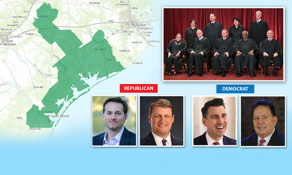 Candidates now running to represent District 27 are Republicans Michael Cloud (left) and Bech Brunn, and Democrats Eric Holguin (left) and Raul “Roy” Barrera. Meanwhile, the U.S. Supreme Court (top picture) will be looking whether district lines violate Section 2 of the Votings Rights Act during a hearing April 24. Illustration by Roland Chiapoco