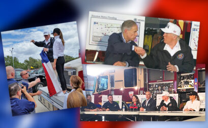CLOCKWISE FROM LEFT: President Donald Trump and first lady Melania Trump wave to supporters lining Leopard Street in Corpus Christi after his meeting with emergency response officials Aug. 29. Trump and Texas Gov. Greg Abbot shake hands after the meeting at the Annaville Volunteer Department. First responders give President Trump an update on the state’s recovery efforts from the effects of a Category 4 hurricane. Courtesy photos