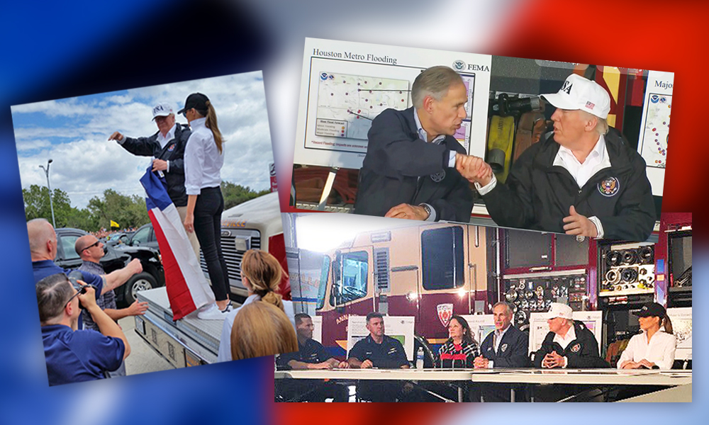 CLOCKWISE FROM LEFT: President Donald Trump and first lady Melania Trump wave to supporters lining Leopard Street in Corpus Christi after his meeting with emergency response officials Aug. 29. Trump and Texas Gov. Greg Abbot shake hands after the meeting at the Annaville Volunteer Department. First responders give President Trump an update on the state’s recovery efforts from the effects of a Category 4 hurricane. Courtesy photos