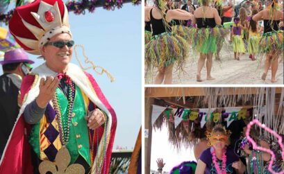 A Mardi Gras king throws out beads from a float during the annual Barefoot Mardi Gras parade on Padre Island in Corpus Christi. Courtesy photo