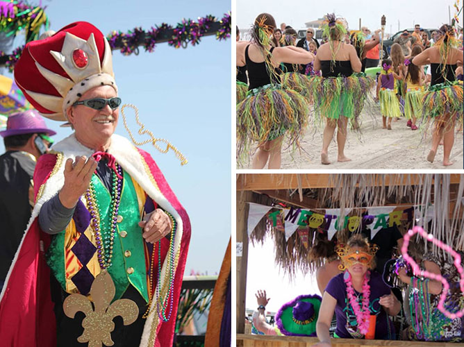 A Mardi Gras king throws out beads from a float during the annual Barefoot Mardi Gras parade on Padre Island in Corpus Christi. Courtesy photo