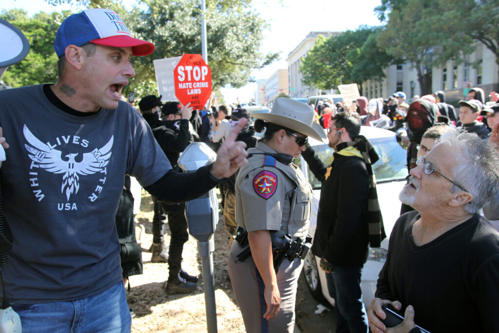 A leader in the White Lives Matter movement from Houston argues with an Austin demonstrator in front of the Texas State Capitol building on Nov. 19, 2016 . The capitol steps will be busy over the next five months as the Texas Legislature meets for its 85th session.