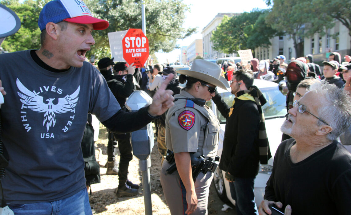 A leader in the White Lives Matter movement from Houston argues with an Austin demonstrator in front of the Texas State Capitol building on Nov. 19, 2016 . The capitol steps will be busy over the next five months as the Texas Legislature meets for its 85th session.