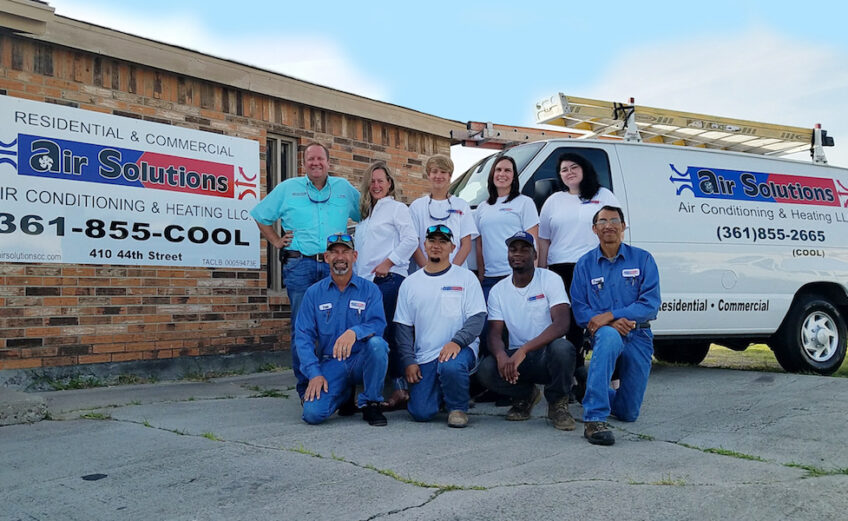 Celebrating four years since the company first began in May 2014 is the staff at Air Solutions Air Conditioning and Heating, including owners Cliff and Carrie Tonne (front row, left), son Cameron Tonne, office manager Dawn Taylor, dispatcher Dani Swinderman, operations manager Vern Mehan (back row, left), installer Rolando Blanco, technician D. Bryant, technician Frank Garcia, and senior technician Gabe Perez (not pictured). Photo by Jane Kathleen Gregorio