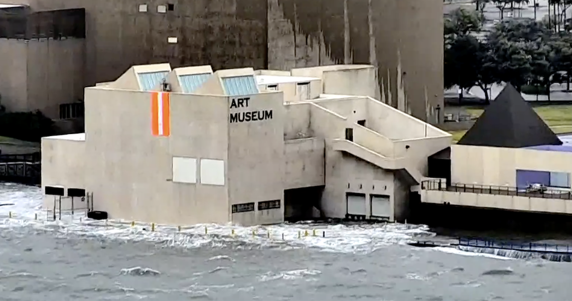 A storm surge of about 5 feet flooded the first floor of the Art Museum of South Texas as Hurricane Hanna made landfall at 5 p.m. Saturday, July 25, 2020. A dolphin was spotted in the flooded parking lot. Screen capture from USS Lex camera, KIII TV