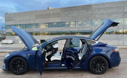 A Tesla Model S parked in front of the Gigafactory in Austin. The electric automaker is considering locating a refining plant near Robstown. Courtesy photo