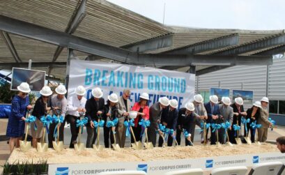 Officials line up with golden shovels to break ground on the new Port of Corpus Christi headquarters. The new administration building should take about 18 months to build, opening in early 2021. Courtesy photo