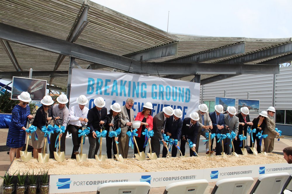 Officials line up with golden shovels to break ground on the new Port of Corpus Christi headquarters. The new administration building should take about 18 months to build, opening in early 2021. Courtesy photo