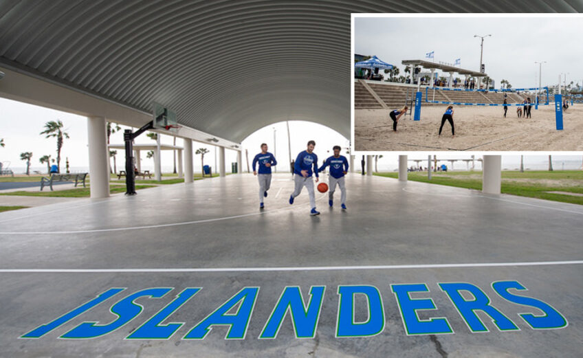 The Islander Pavilion opened to the public April 24 with 7,000 square feet of covered basketball courts as well as four beach volleyball courts (inset) at The Water’s Edge park in downtown Corpus Christi. Playing a demonstration game on the McGee Beach courts are members of the Texas A&M University-Corpus Christi Islander beach volleyball team. Photos courtesy of TAMUCC.