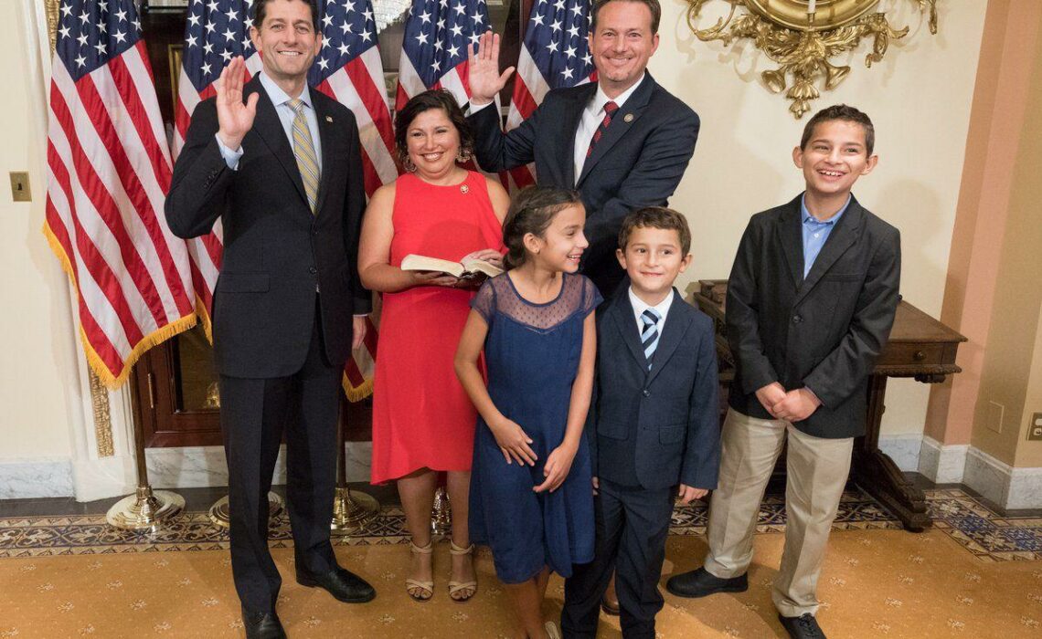 Newly elected U.S. Rep. Michael Cloud (right) and his family participated in a mock swearing-in ceremony for media cameras before the official swearing-in on the House floor July 10. Speaker Paul Ryan conducted the ceremony for the Republican from Victoria. Photo courtesy of Office of the Speaker of the House