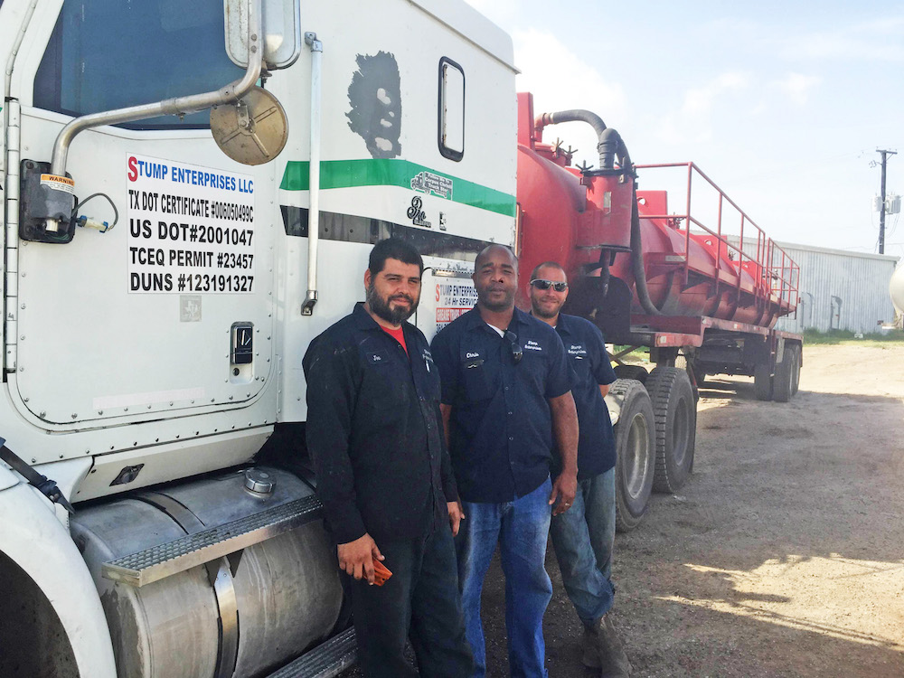 Dedicated employees of Stump Enterprises include mechanic Joe Morena (left), driver Christopher Polk and lead technician O’Neill Ward.