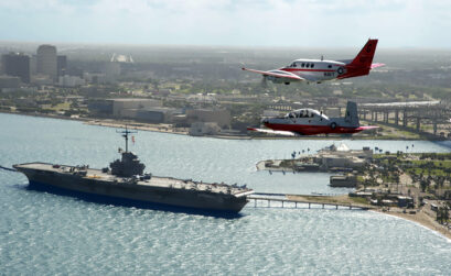 The USS Lexington Museum on the Bay can be seen below two U.S. Navy jets flying over Corpus Christi Bay. Courtesy photo