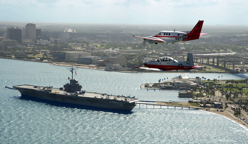 The USS Lexington Museum on the Bay can be seen below two U.S. Navy jets flying over Corpus Christi Bay. Courtesy photo