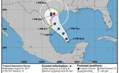 National Weather Service map of Tropical Storm Harvey, which is expected to upgrade to a Category 1 hurricane by the time it hits landfall Friday evening, August 26. Map courtesy National Weather Service
