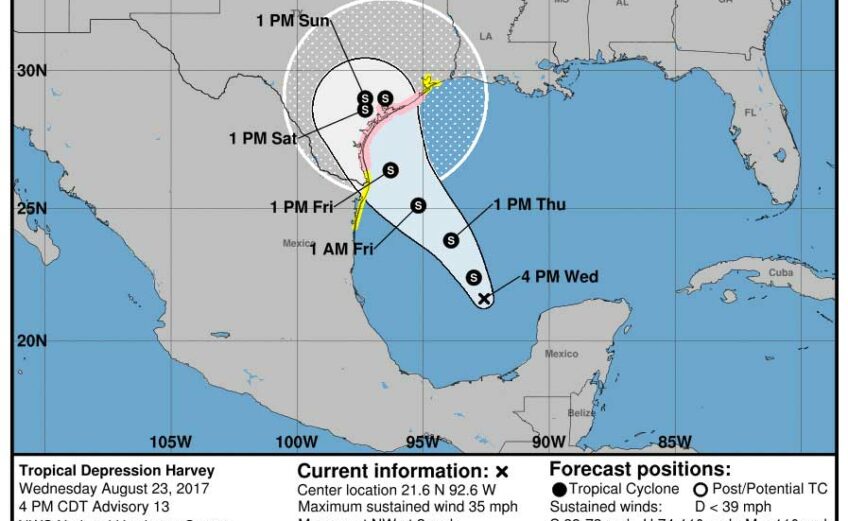 National Weather Service map of Tropical Storm Harvey, which is expected to upgrade to a Category 1 hurricane by the time it hits landfall Friday evening, August 26. Map courtesy National Weather Service