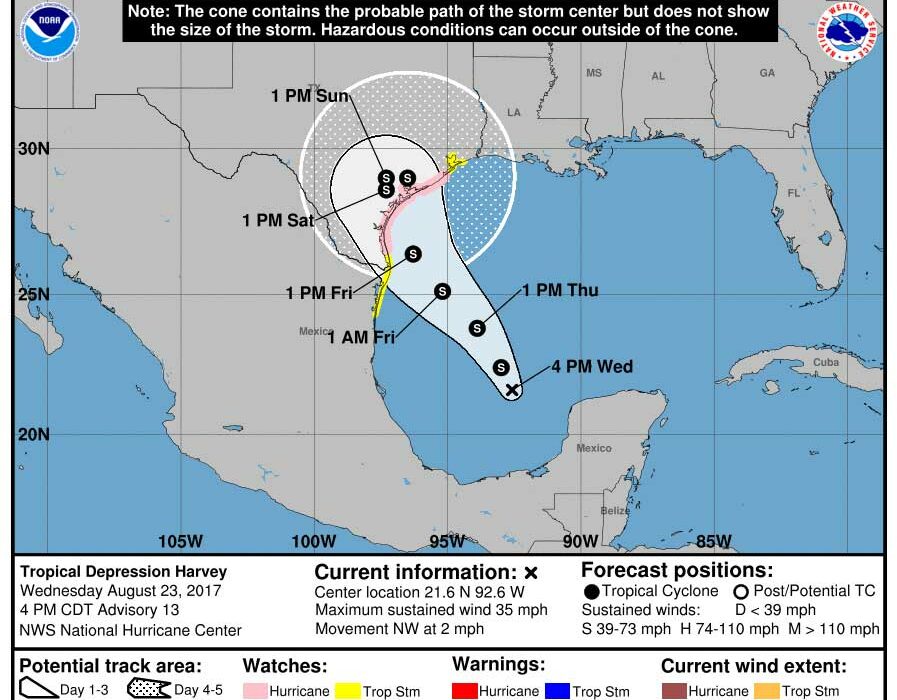 National Weather Service map of Tropical Storm Harvey, which is expected to upgrade to a Category 1 hurricane by the time it hits landfall Friday evening, August 26. Map courtesy National Weather Service