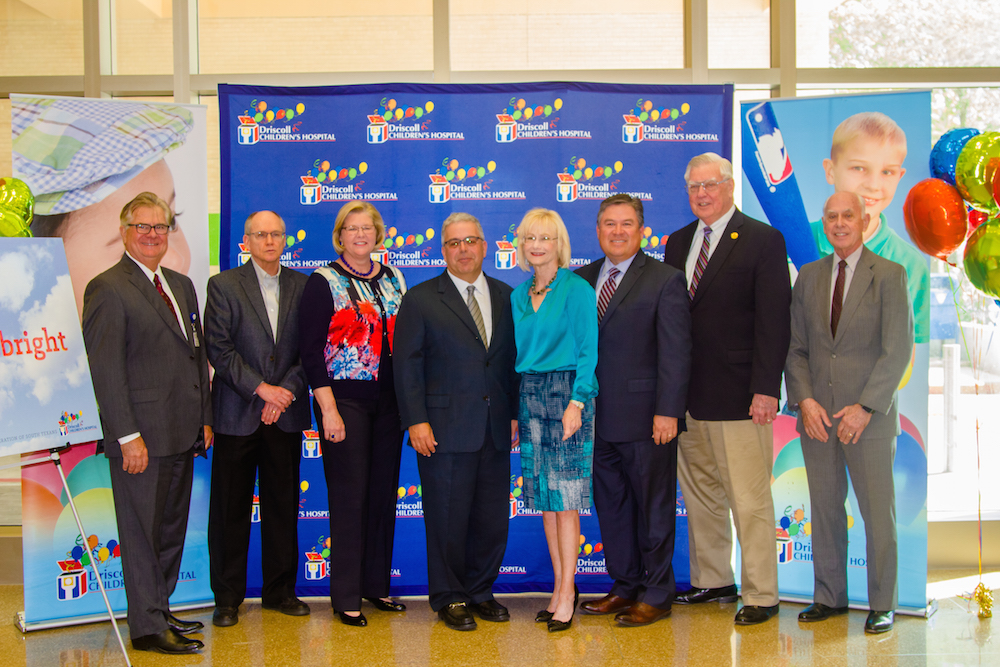 Announcing a $1 million challenge grant for Driscoll Hospital’s expansion plan are (from left) Steve Woerner, president and CEO of Driscoll Health System; Bill Sterett, chair of Family Division; Mary D. Clark, member of Driscoll Governing Board and co-chair of futuresbright campaign; Sam L. Susser, chair of Driscoll Governing Board and co-chair of futuresbright campaign; Lenora Keas, member of Driscoll Governing Board; Paul Daniel Chapa, member of Driscoll Governing Board; Judge Loyd Neal, past chair of Driscoll Governing Board; and Dr. Bob Furgason, trustee of Robert Driscoll and Julia Driscoll and Robert Driscoll Jr. Foundation. Courtesy photo