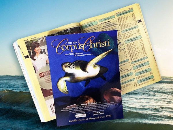 The Corpus Christi Area Wide Telephone and Internet Directory is the only phone book in the Coastal Bend region that still includes complete residential listings in the 361 area code. It is also the only book that covers the Coastal Bend beyond Corpus Christi. The 2015-2016 books arrived hot off the presses this week! Illustration by Roland Chiapoco