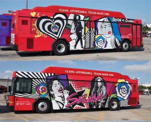 Both sides of one of the two city buses wrapped in Selena art in honor of the Tejano Queen and Fiesta de la Flor, March 24-25. Photos by Jon Brandt Photography