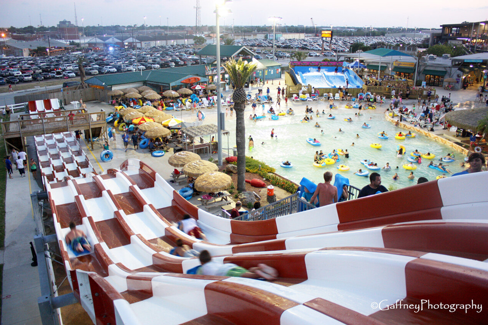 The Storm Chaser, a four-lane racer, is built for speed and also gives riders at the top a great view of the park and Whataburger Field to its right. Photo by Gaffney Photography/Courtesy of Hurricane Alley