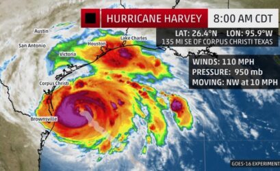 The location of Hurricane Harvey as of 8 a.m. Friday, August 25. Now a Cat 2 storm, it is expected to make landfall in Corpus Christi at a.m. Saturday, August 26 as a Category 3 storm with sustaining winds of up to 120 miles per hour.