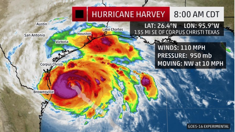 The location of Hurricane Harvey as of 8 a.m. Friday, August 25. Now a Cat 2 storm, it is expected to make landfall in Corpus Christi at a.m. Saturday, August 26 as a Category 3 storm with sustaining winds of up to 120 miles per hour.