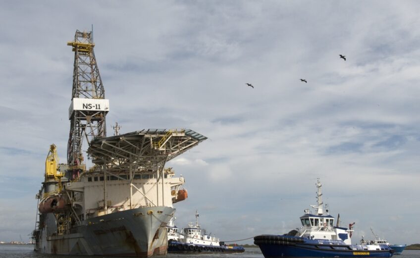 Members of the U.S. Coast Guard monitor the recovery and transit of a grounded drill ship in the Corpus Christi ship channel Sept. 4. U.S. Coast Guard photo by Petty Officer 2nd Class Cory J. Mendenhall