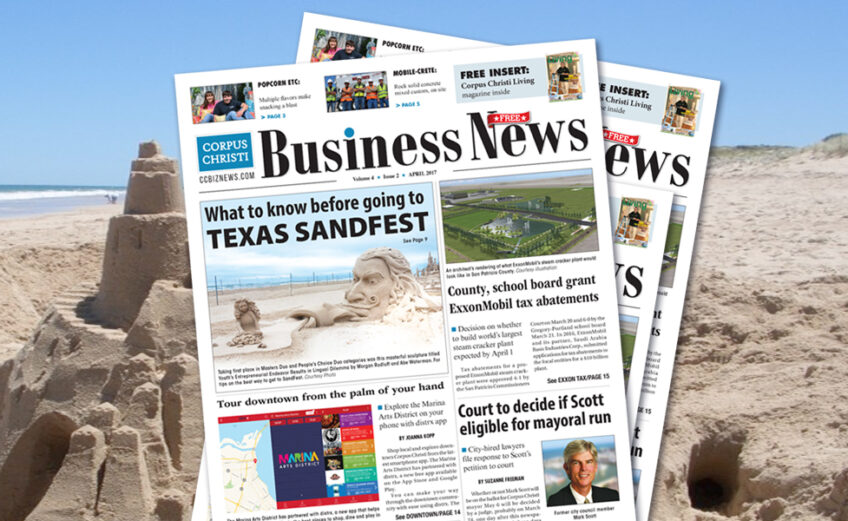 The front page of Corpus Christi Business News, April issue. Get one and open it up to find out about local business owners, the latest business news and the most exciting events in the Coastal Bend.