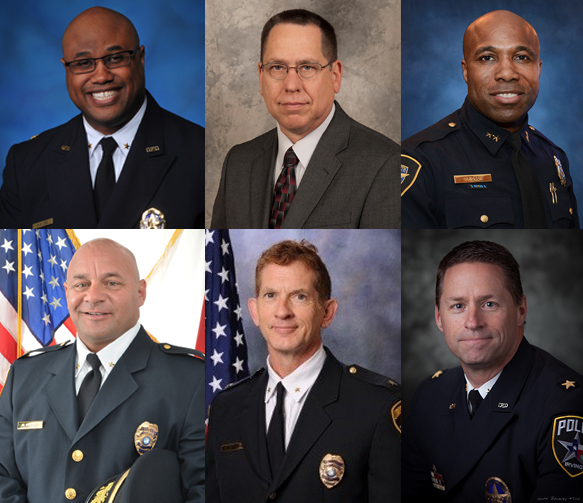 The six semi-final candidates for Corpus Christi Police Chief are (clockwise from top left) Malik Aziz, Robert Lehner, Abdul Pridgen, Jeff Spivey, Mike Markle, Mark Schauer. Markle and Schauer are interim chief and assistant chief of the Corpus Christi police department respectively.