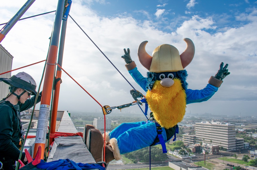 This guy gets around. On Oct. 20, Del Mar College mascot Valdar the Viking was rappelling off the Holiday Inn Corpus Christi Downtown Marina for one of the institution’s biggest fundraisers of the year. Two days later, he was on the ground signing a beam to celebrate construction of the General Academic Music Building II, the biggest project in the college’s $157 million bond initiative from 2014. Courtesy photo