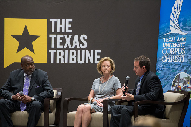 Three of the four panelists at a Texas Tribune Event in Corpus Christi Sept. 28 were (from left) John Hall, Texas state director of Clean Energy at the Environmental Defense Fund; Geanie Morrison, (R-Victoria) and chairwoman of the House Environmental Regulation Committee; and Mike Wetz, associate professor in the Department of Life Sciences, TAMU-CC. Also on the panel was Toby Baker, commissioner of the Texas Commission on Environmental Quality. Courtesy Photo