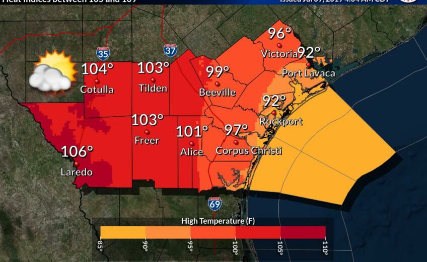 The National Weather Service has issued a heat advisory warning for the Coastal Bend and much of South Texas for the week of July 7-12, 2019. Thunderstorms are expected toward the end of the week. Courtesy map
