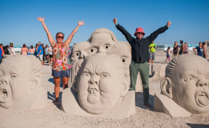 First-place Master Duo in 2017, Wilfred Stijger and Edith van de Wetering and their transitory sand sculpture, ‘Kids are Sweet Little Monsters, Especially When They are Asleep.’ Photo courtesy of Texas SandFest