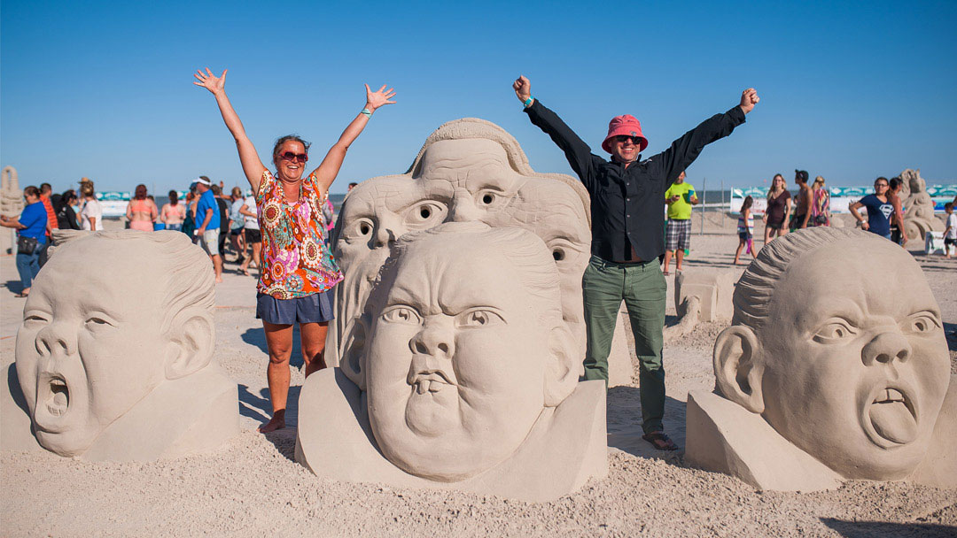 First-place Master Duo in 2017, Wilfred Stijger and Edith van de Wetering and their transitory sand sculpture, ‘Kids are Sweet Little Monsters, Especially When They are Asleep.’ Photo courtesy of Texas SandFest