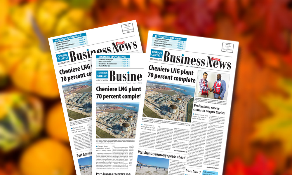 The November issue of Corpus Christi Business News is now available on newsstands and in the mail to 10,000 businesses in the city. The monthly newspaper is free and can be found at 4455 SPID, No. 4, in Corpus Christi. Call (361) 991-1306 for more information.
