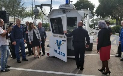 Corpus Christi Police Chief Mike Markle and City Manager Margie Rose inspect the department’s new SkyWatch tower during an unveiling ceremony. Courtesy photo