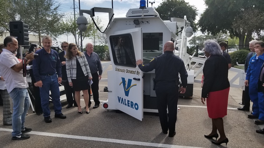 Corpus Christi Police Chief Mike Markle and City Manager Margie Rose inspect the department’s new SkyWatch tower during an unveiling ceremony. Courtesy photo