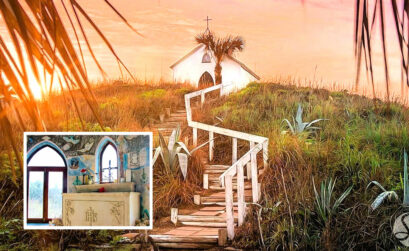 MAIN PHOTO: The walkway to Chapel on the Dunes in Port Aransas. INSET: The chapel's interior, which features biblical artwork and Gulf Coast views. Photos courtesy of Port Aransas Museum