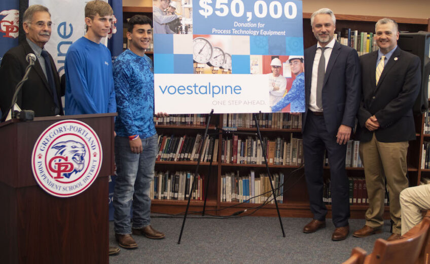 Celebrating the $50,000 donation from Voestalpine Texas on May 1 were Paul Clore, Ph.D., superintendent of Gregory-Portland Independent School District (left); Trent Svadlenak and Joe Sauceda, Gregory-Portland High School process technology students; Stefan Einfalt, chief executive officer of Voestalpine Texas; and Mark Escamilla, Ph.D., preside
