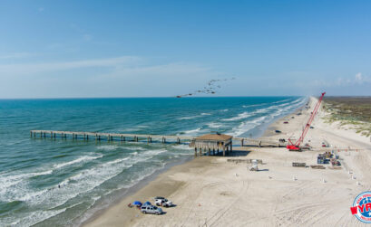 The progress on deconstruction of Bob Hall Pier in Corpus Christi in late July. The structure, which was destroyed by Hurricane Hanna in 2020, was originally built in 1950 with two piers. The proposed one-pier design for a new structure would hurt wave action on the beach, according to surfers, who successfully lobbied for a second look at how the pier would be rebuilt. Photo courtesy of Wyatt Productions