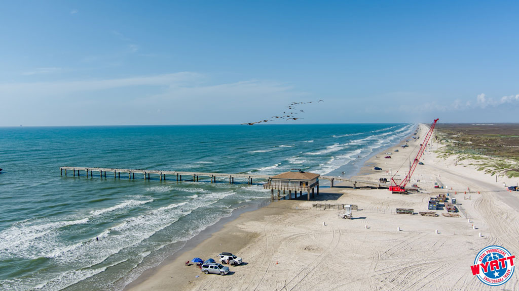 The progress on deconstruction of Bob Hall Pier in Corpus Christi in late July. The structure, which was destroyed by Hurricane Hanna in 2020, was originally built in 1950 with two piers. The proposed one-pier design for a new structure would hurt wave action on the beach, according to surfers, who successfully lobbied for a second look at how the pier would be rebuilt. Photo courtesy of Wyatt Productions