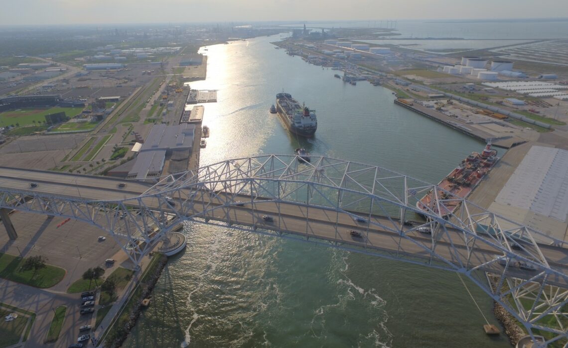 The first vessel to arrive since closure of the channel for Hurricane Harvey sails under the Harbor Bridge in Corpus Christi on Friday, Sept. 1. Courtesy photo