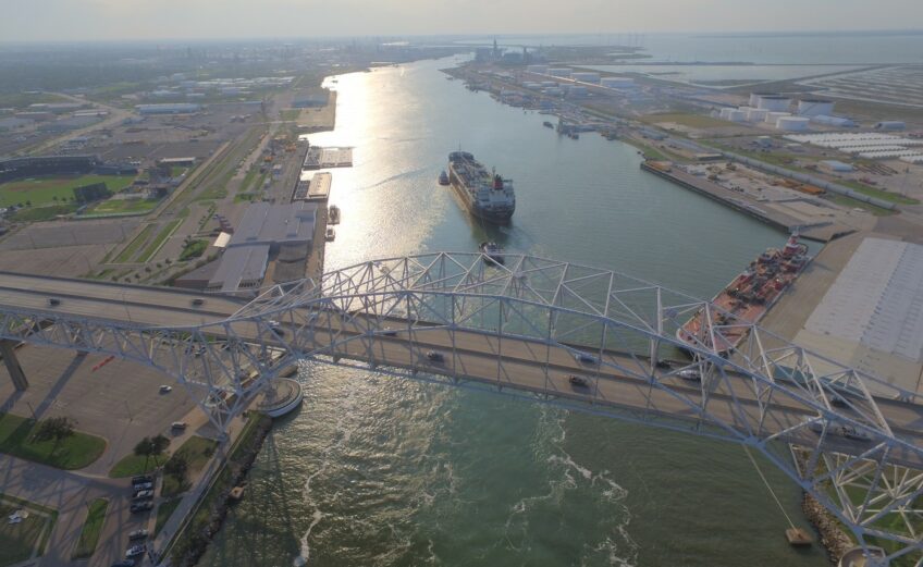 The first vessel to arrive since closure of the channel for Hurricane Harvey sails under the Harbor Bridge in Corpus Christi on Friday, Sept. 1. Courtesy photo
