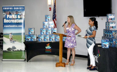 Reliant Energy Director of Community Relations Leanne Schneider (left) and Corpus Christi Mayor Paulette Guajardo at a news conference announcing the opening of eight cooling centers in the city for those who do not have adequate cooling at home. The Beat the Heat program is in its 12th year. Courtesy photo